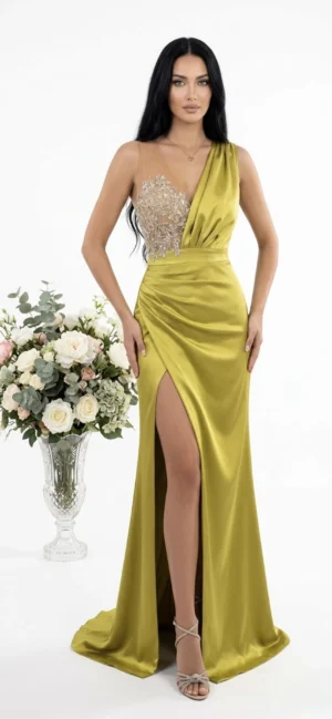 Rochie de seara din tafta de culoare fistic prevazuta cu broderie la bust