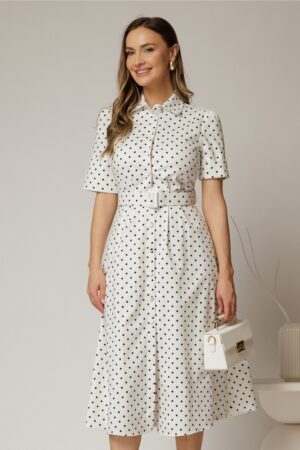Rochie DY Fashion alba cu buline tip camasa si curea in talie