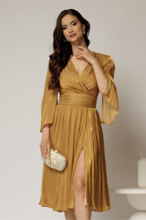 Rochie DY Fashion aurie de ocazie din voal peliculizat cu maneci crapate