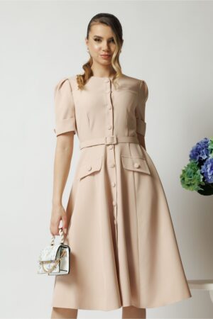 Rochie DY Fashion bej de zi cu nasturi si curea in talie