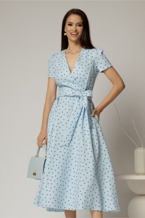 Rochie DY Fashion bleu cu buline cu decolteu petrecut si cordon in talie
