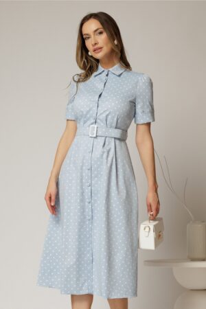 Rochie DY Fashion bleu cu buline tip camasa si curea in talie