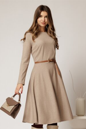 Rochie DY Fashion din tricot beige cu curea subtire si fusta clos