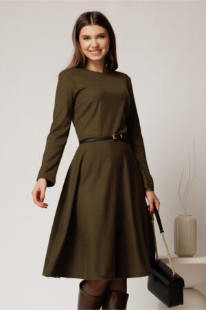 Rochie DY Fashion din tricot kaki cu curea subtire si fusta clos
