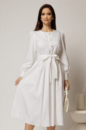Rochie DY Fashion midi alba din bumbac cu nasturi pe bust si cordon in talie