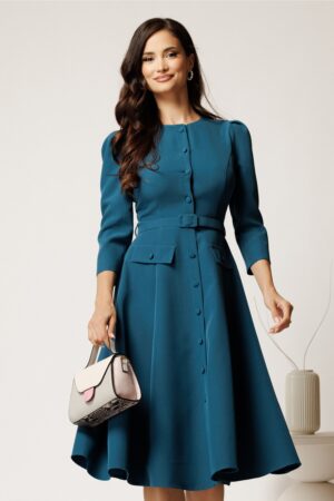 Rochie DY Fashion midi albastru petrol din stofa clos cu nasturi si curea