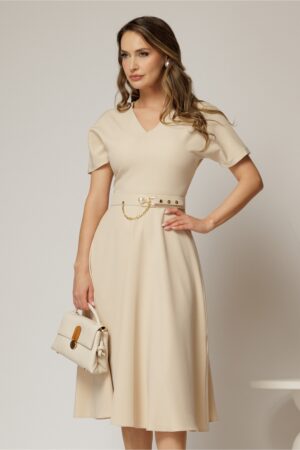 Rochie DY Fashion midi bej cu decolteu in V si curea in talie