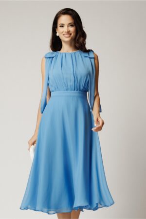 Rochie DY Fashion midi bleu din voal in clos cu funde la umeri