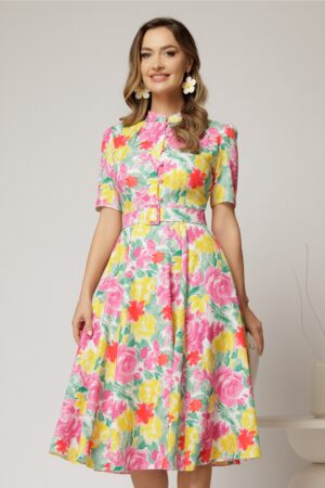Rochie DY Fashion midi cu imprimeu roz si galben in clos din triplu voal cu nasturi la bust si curea in talie