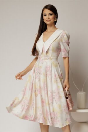 Rochie DY Fashion midi din triplu voal cu print roz galben si guler ascutit si nasturi la maneci