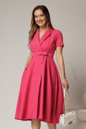 Rochie DY Fashion midi roz zmeura cu decolteu petrecut si curea in talie
