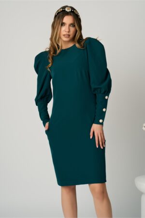 Rochie DY Fashion office din stofa verde cu nasturi pe maneci