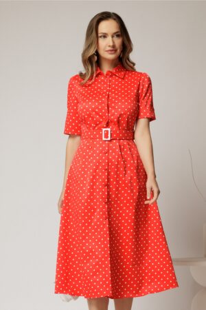 Rochie DY Fashion rosie cu buline tip camasa si curea in talie