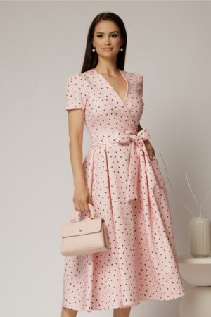 Rochie DY Fashion roz cu buline cu decolteu petrecut si cordon in talie