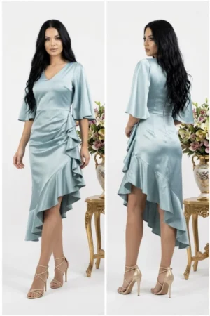 Rochie eleganta midi aqua asimetrica