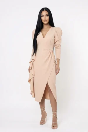 Rochie eleganta bej midi cu volane in laterale