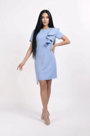 Rocie eleganta bleu cu model deosebit volan pe umar