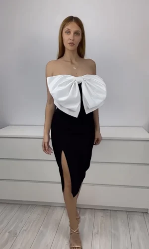 Rochie eleganta conica midi cu slit pe picior si funda mxi