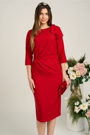 Rochie eleganta din stofa rosie cu funda maxi pe umar si fronseu in talie