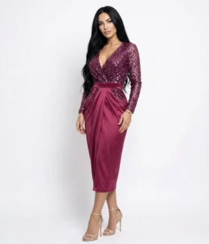 Rochie eleganta midi cu aspect petrecut din tafta cu broderie din perle si paiete in partea superioara