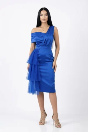 Rochie eleganta midi conica albastra cu volane din tull
