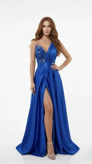 Rochie eleganta lunga din tafta albastra accesorizata cu broderie la bust