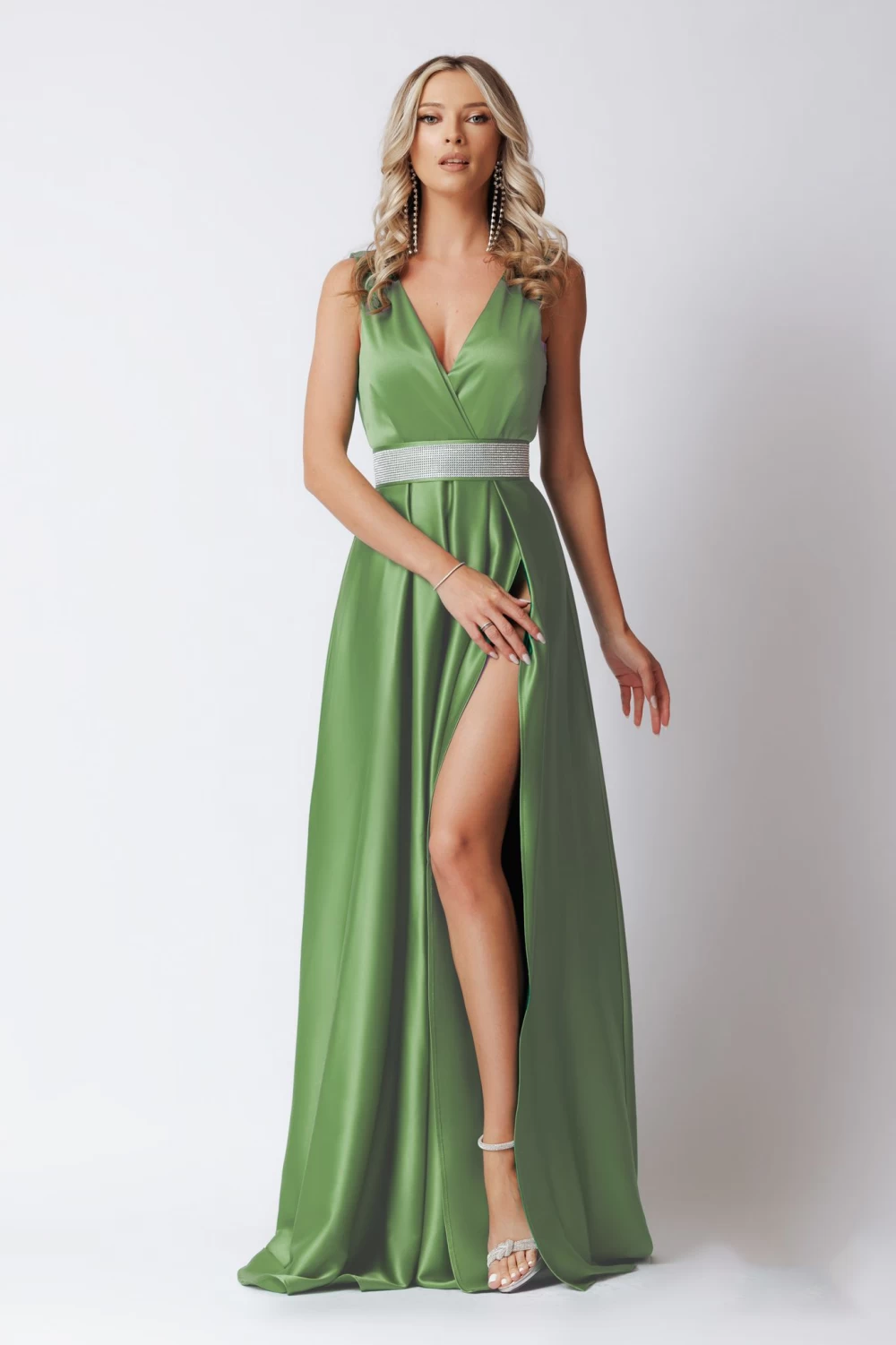 Rochie eleganta din tafta fistic cu slit pe picior si decolteu in V