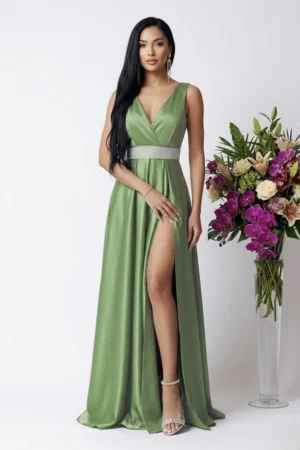 Rochie eleganta din tafta fistic cu slit pe picior si decolteu in V