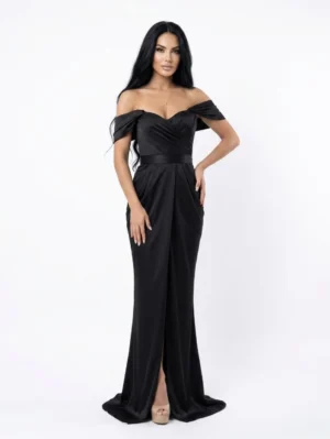 Rochie eleganta din tafta neagra cu falduri in lateral si umar cazut