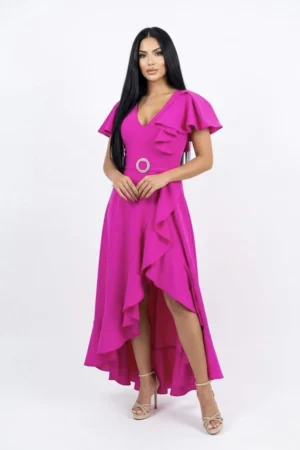 Rochie eleganta fucsia asimetrica cu volane si cordon detasabil