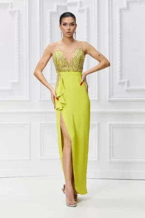 Rochie eleganta galbena cu croi mulat si slit pe picior