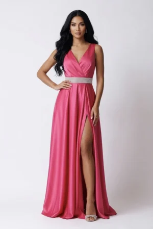 Rochie eleganta lunga din tafta cu slit pe picior si centura cu detalii