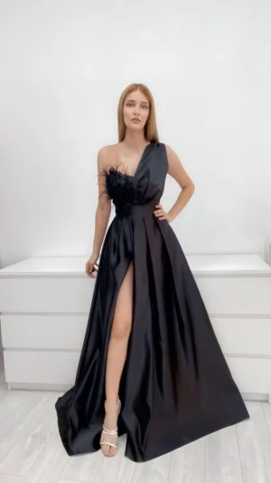 Rochie lunga de ocazie in tafta cu broderie florala argintie