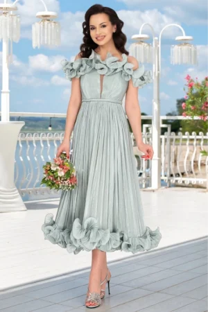 Rochie eleganta midi din organza mint Rosalyn cu volane romantice