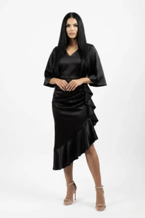 Rochie eleganta de ocazie din tafta cu lungimea midi asimetrica si volane in lateral
