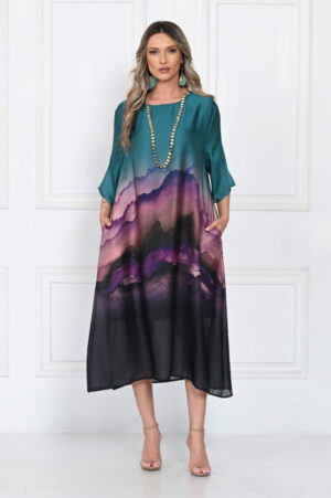 Rochie eleganta satinata A-line cu imprimeu artistic si croi lejer fluid