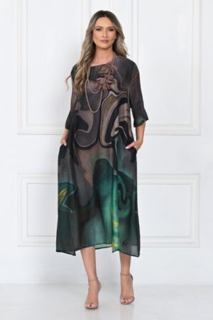 Rochie eleganta satinata A-line cu imprimeu abstract si croi lejer fluid