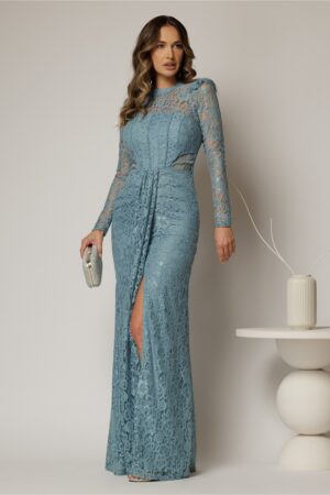 Rochie lunga bleu de seara din dantela cu crepeu pe fusta