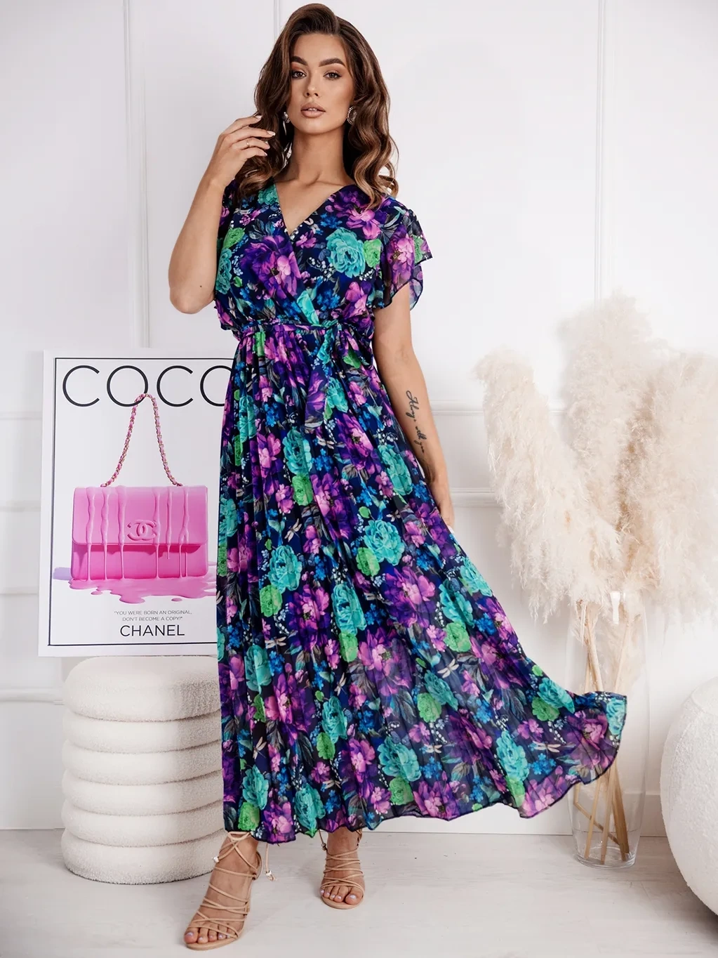 Rochie lunga bleumarin cu imprim...