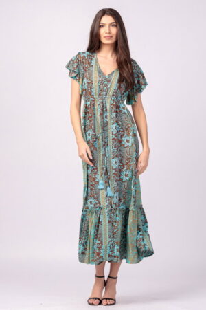 Rochie lunga cu volan si imprimeu floral