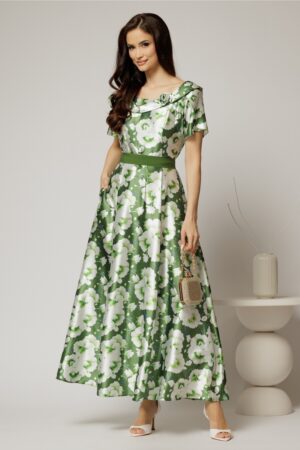 Rochie lunga de ocazie ivoar cu imprimeuri verde crud