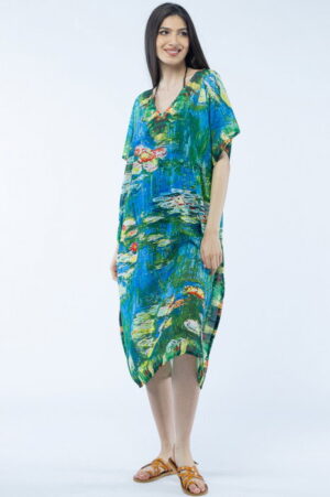 Rochie lunga de plaja tip poncho cu imprimeu dupa   Nuferii   de Claude Monet