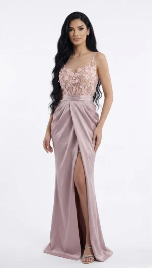 Rochie de ocazie lunga din tafta cu aspect petrecut si broderie 3D in partea superioara