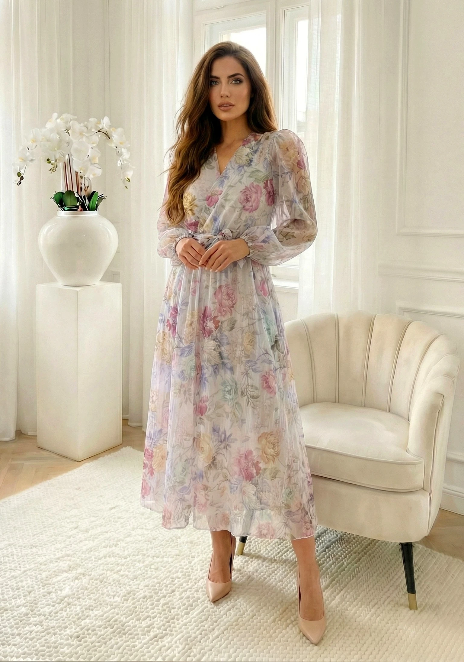 Rochie lunga din tencel cu impri... - imagine 2