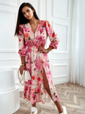 Rochie lunga roz cu imprimeu floral