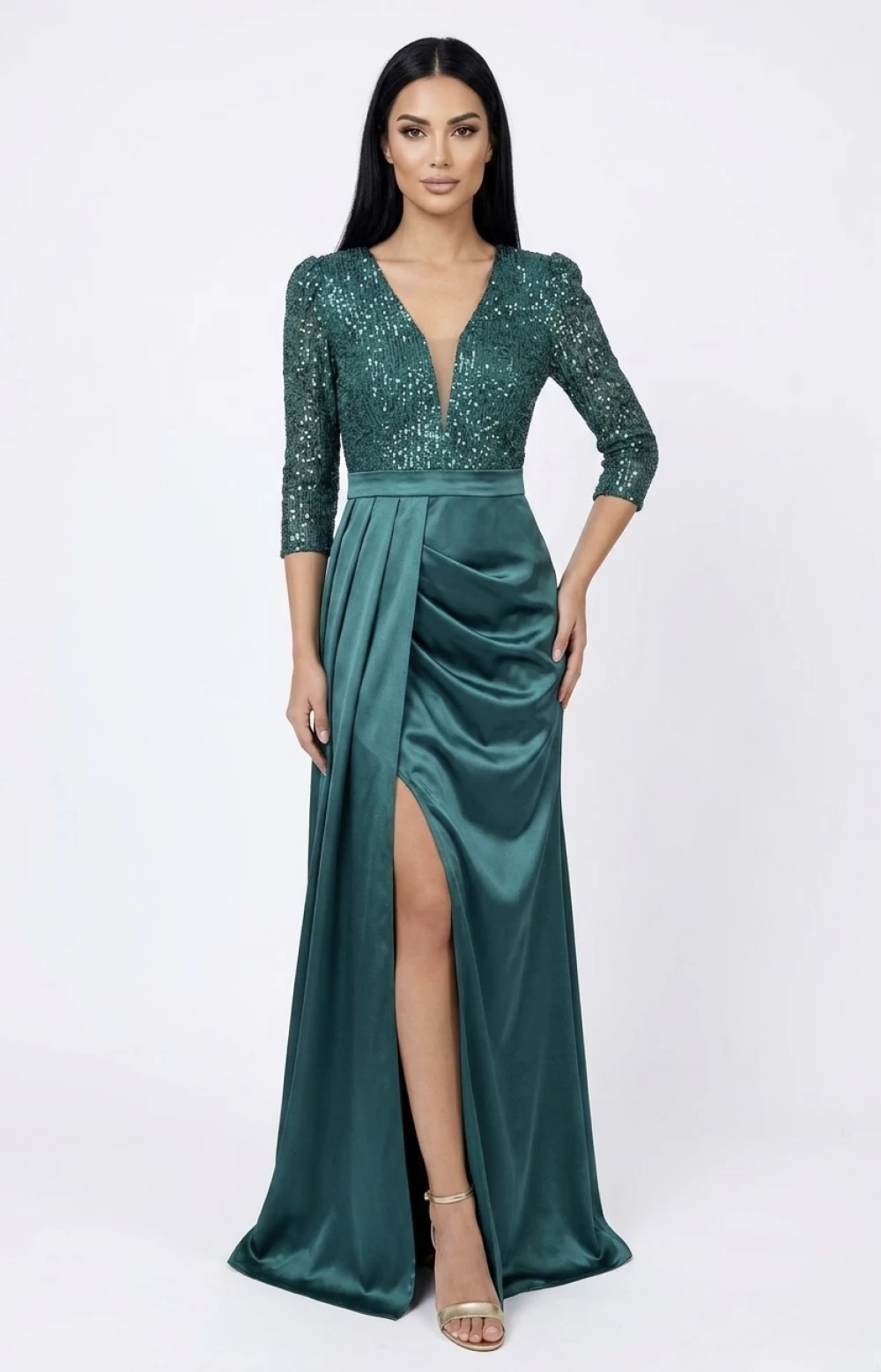 Rochie lunga eleganta din tafta verde cu paiete in partea superioara