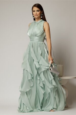 Rochie lunga verde menta de seara cu volanase din voal peliculizat