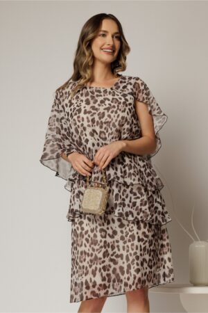 Rochie midi animal print bej din voal cu capa si croi drept
