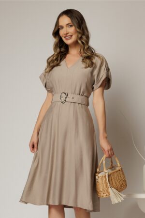 Rochie midi bej de zi din rayon cu decolteu V si curea in talie