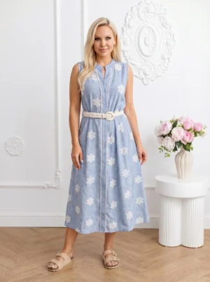 Rochie midi bleu cu flori brodat...